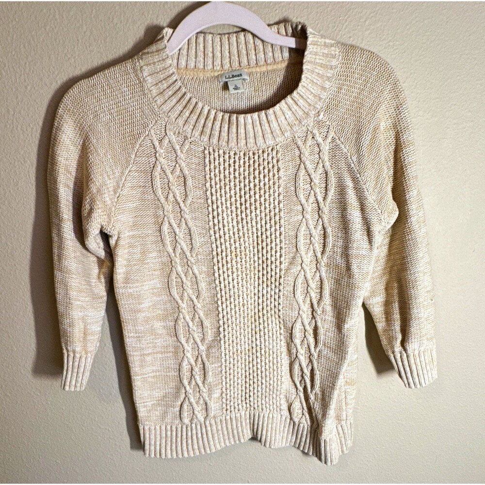 L.L.Bean Women’s Beige Cable Knit Crew Neck Pullover Sweater Size S 3/4